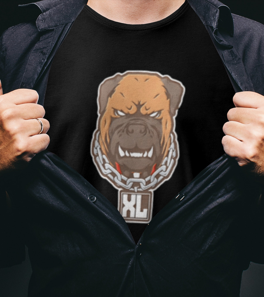 XL Angry Growling Dog Head Chain Collar Tag Cartoon Caricature T-Shirt