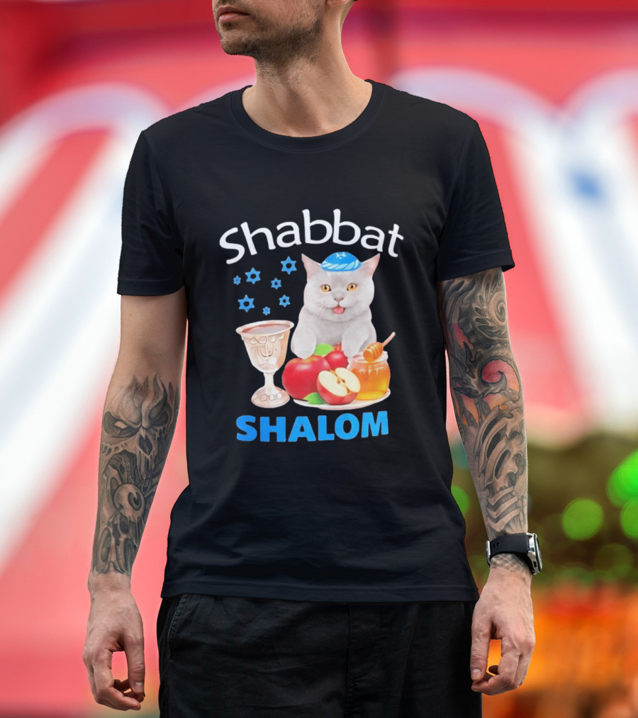 Shabbat Shalom Cat With Kippah Apples Honey And Wine Cup T-Shirt
