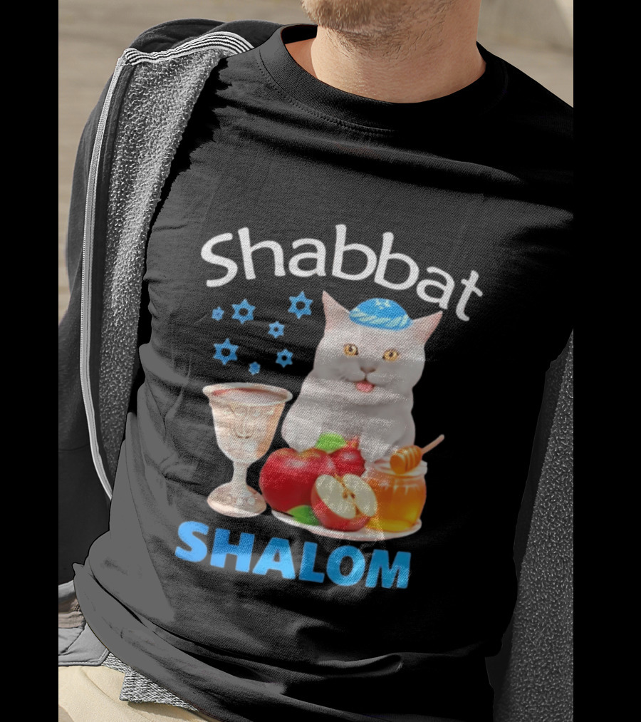 Shabbat Shalom Cat With Kippah Apples Honey And Wine Cup T-Shirt