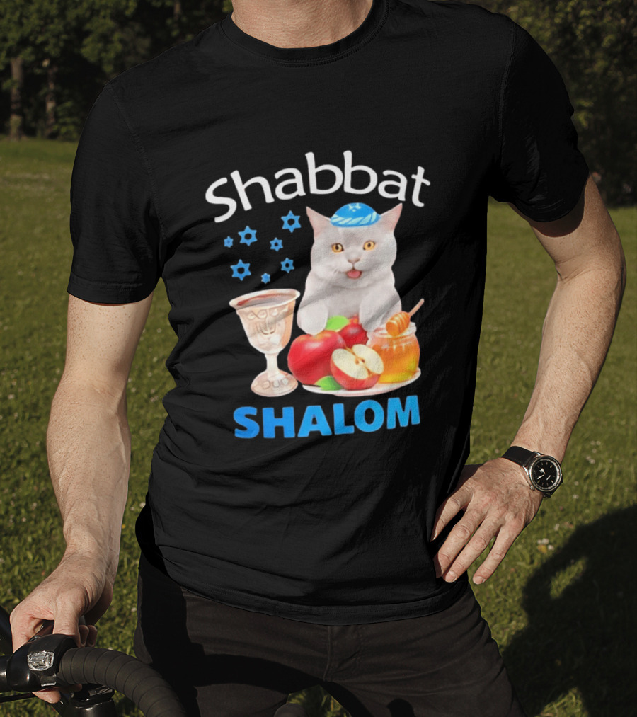 Shabbat Shalom Cat With Kippah Apples Honey And Wine Cup T-Shirt
