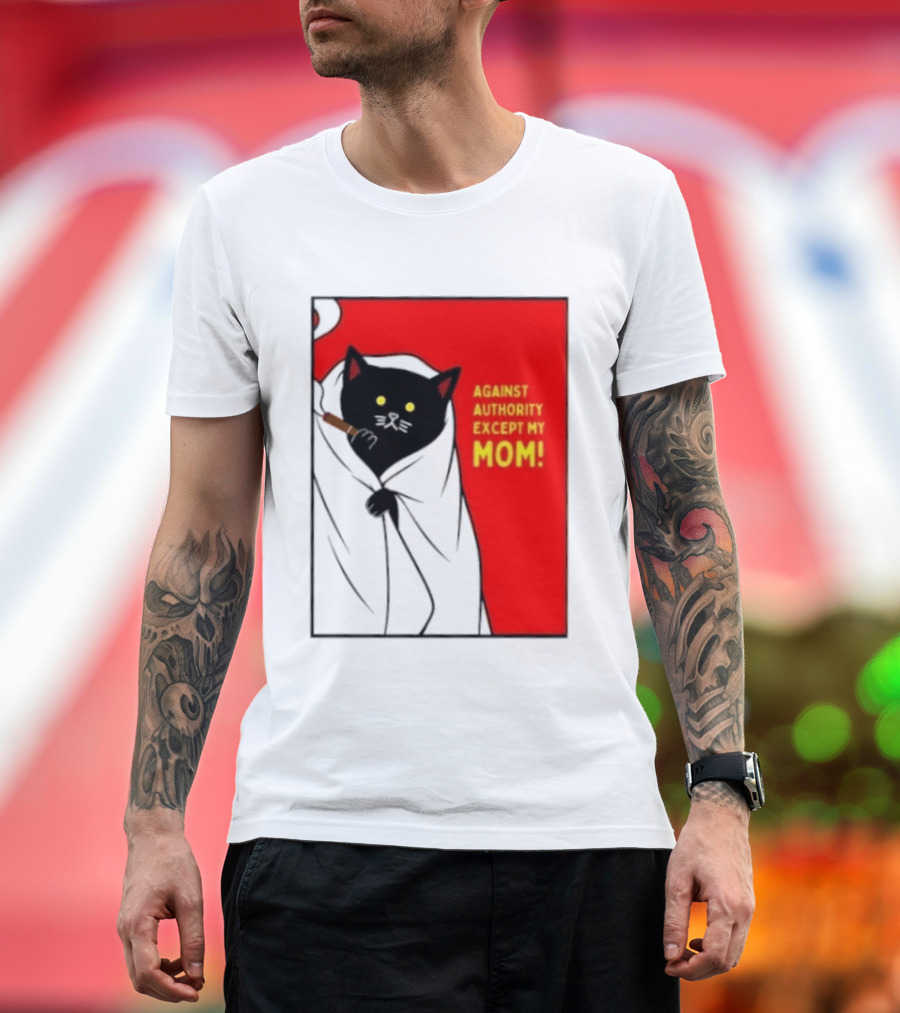Black Cat Against Authority Except My Mom Smoking Cloaked Yellow Eyes Red T-Shirt
