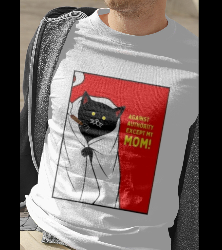 Black Cat Against Authority Except My Mom Smoking Cloaked Yellow Eyes Red T-Shirt