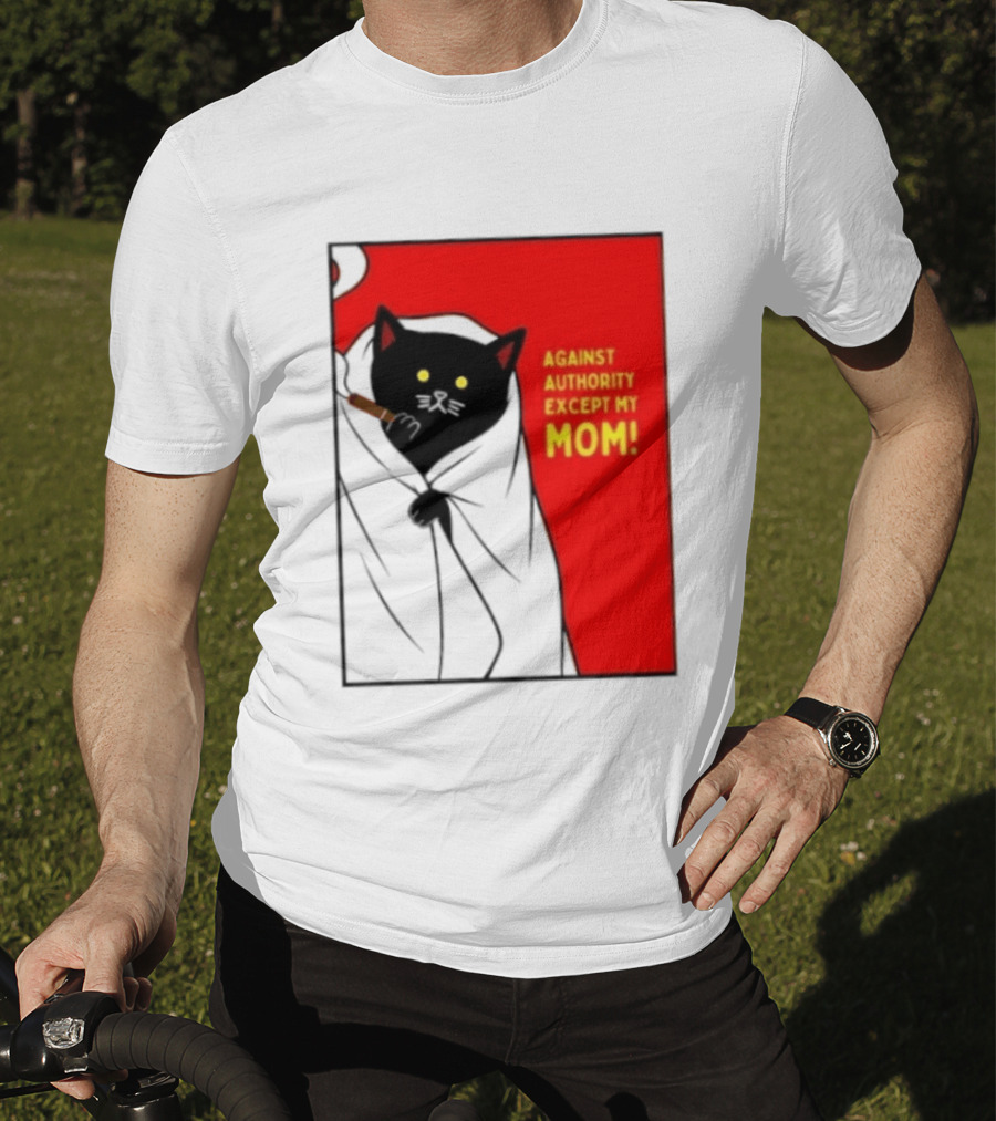 Black Cat Against Authority Except My Mom Smoking Cloaked Yellow Eyes Red T-Shirt
