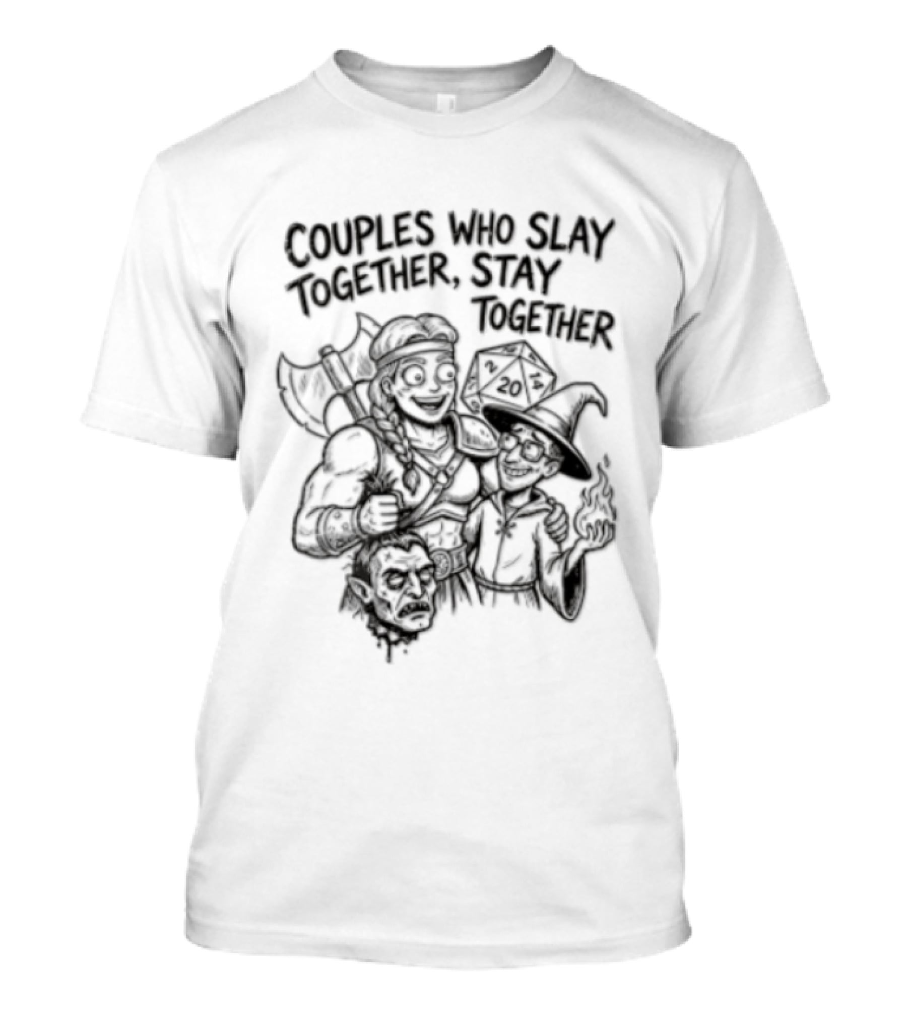 Couples Who Slay Together Stay Cartoon Barbarian Wizard D20 Orc Head T-Shirt