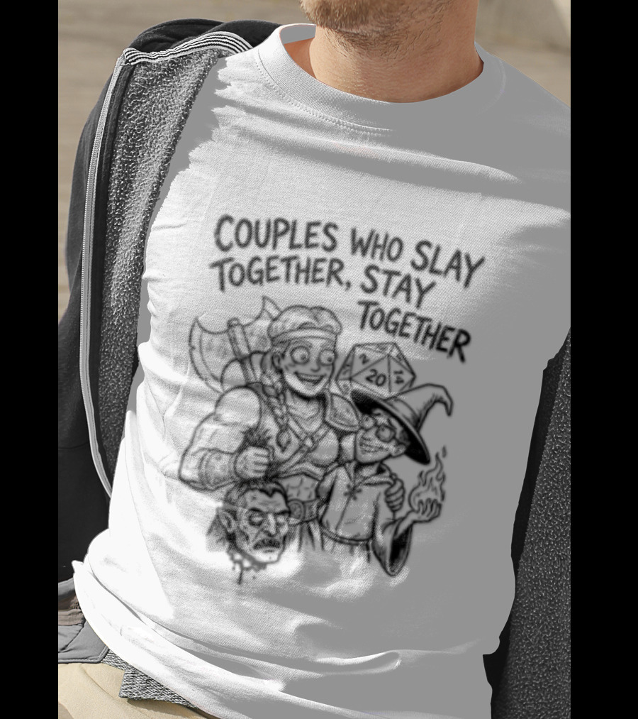 Couples Who Slay Together Stay Cartoon Barbarian Wizard D20 Orc Head T-Shirt