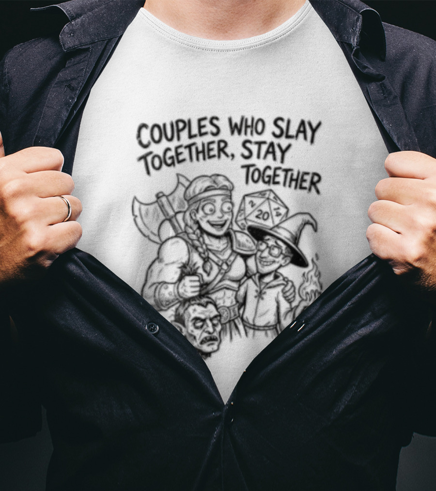 Couples Who Slay Together Stay Cartoon Barbarian Wizard D20 Orc Head T-Shirt