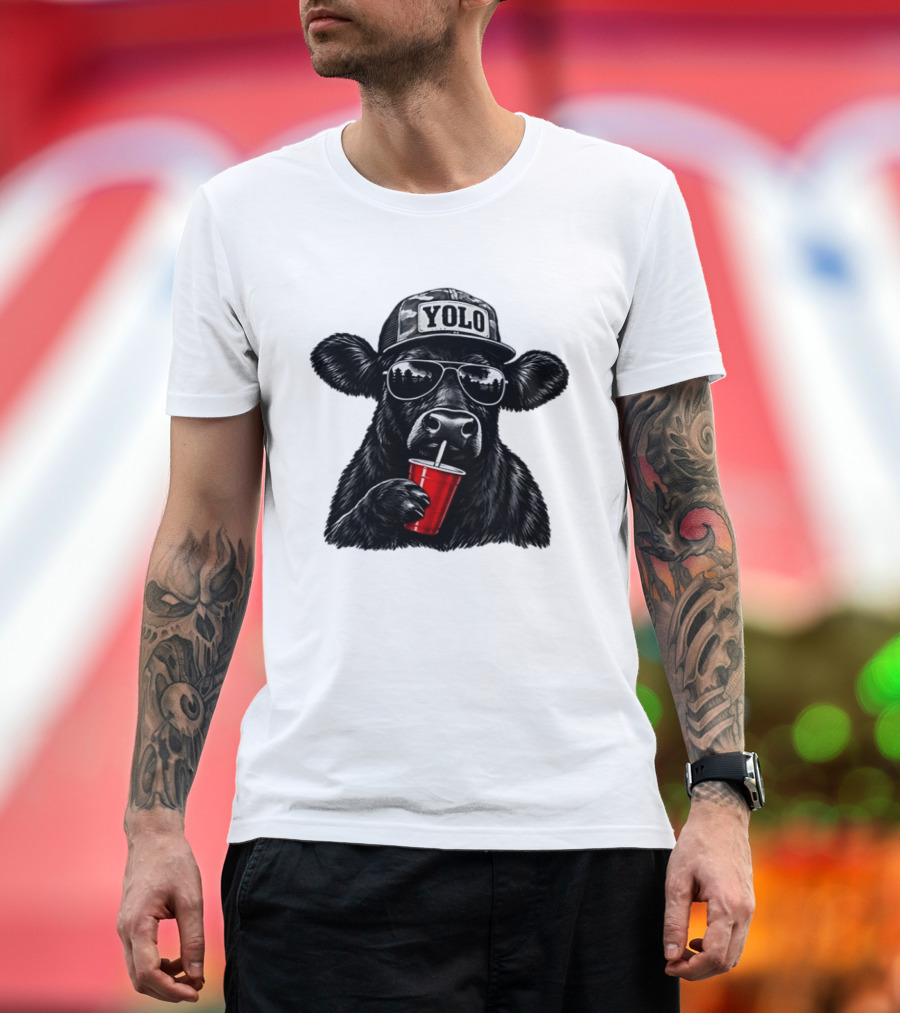 Cow With Yolo Camo Hat Sunglasses Red Cup T-Shirt