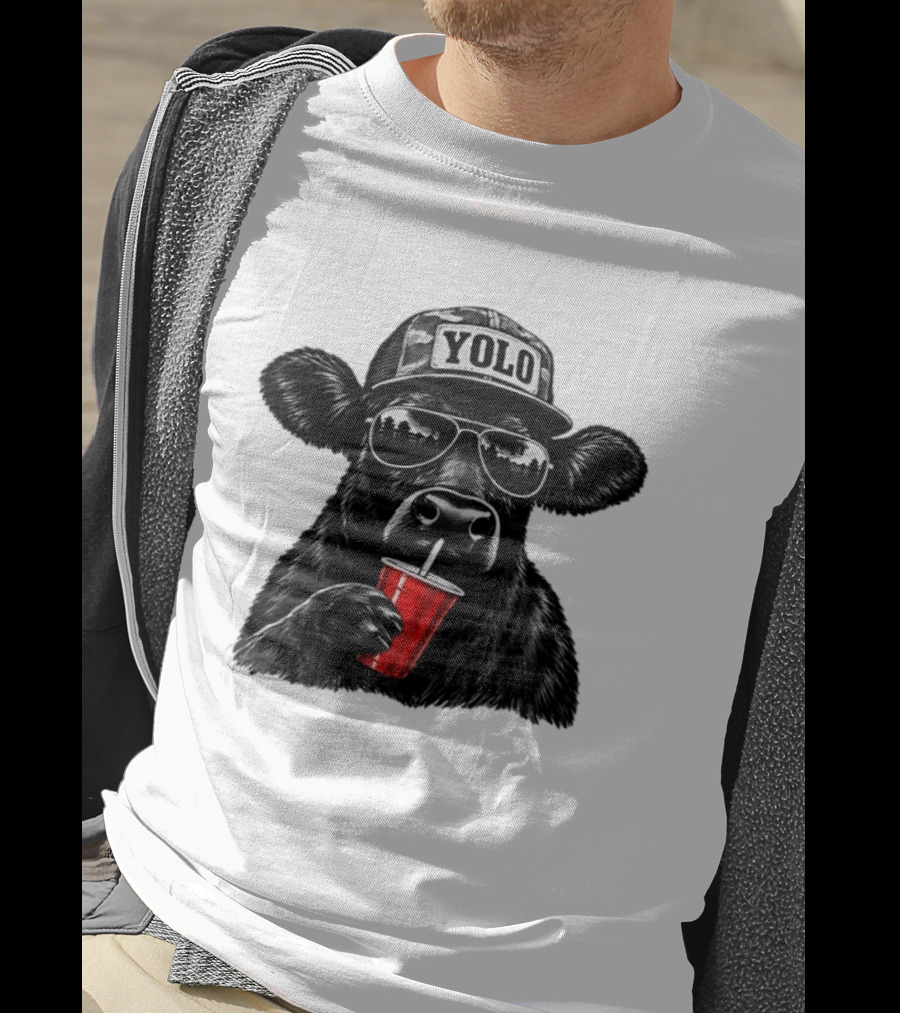 Cow With Yolo Camo Hat Sunglasses Red Cup T-Shirt