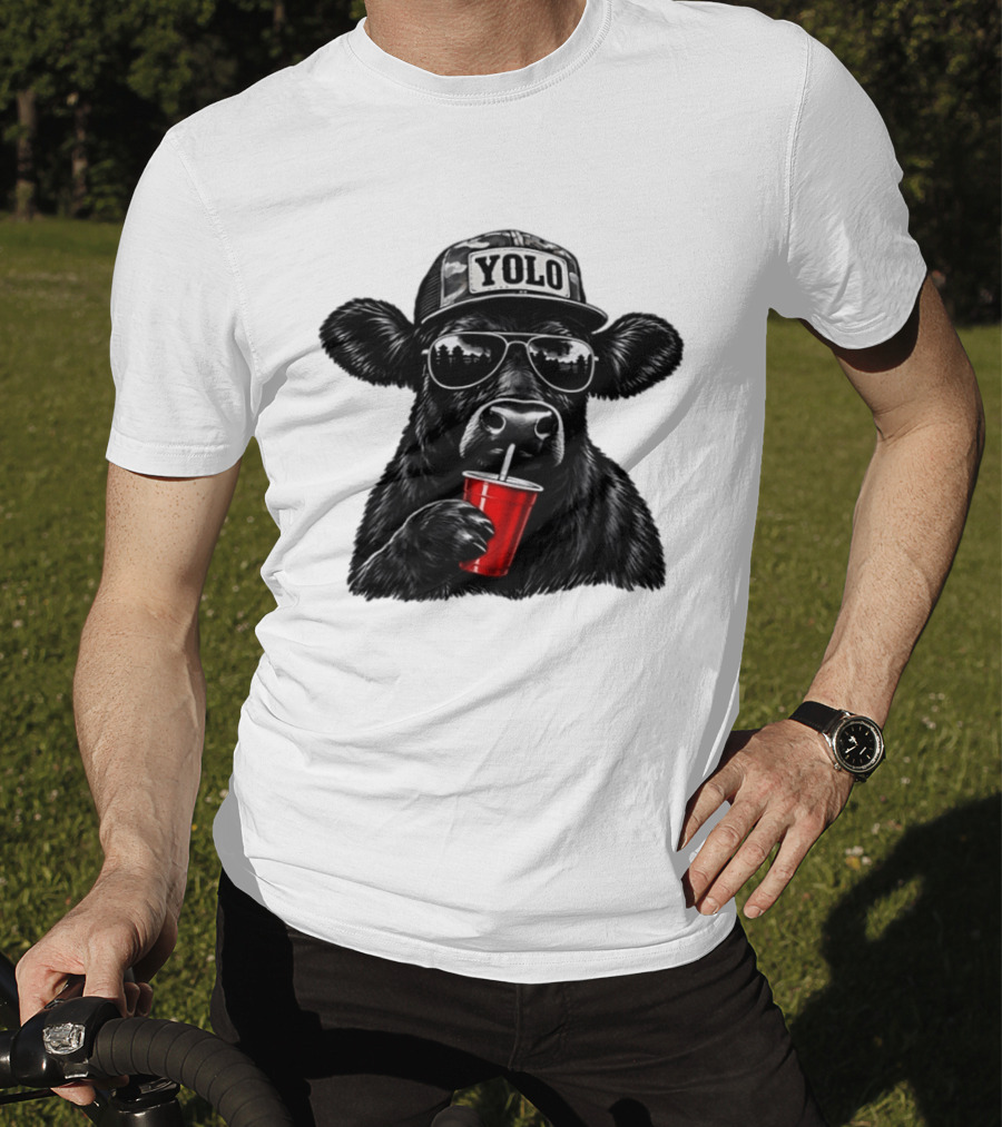 Cow With Yolo Camo Hat Sunglasses Red Cup T-Shirt