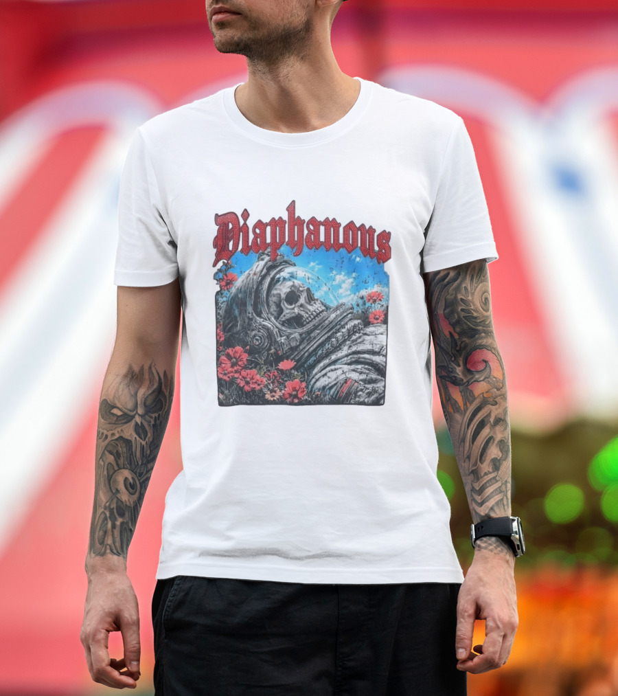 Diaphanous Distressed Skull Astronaut In Flowers With Cosmic T-Shirt