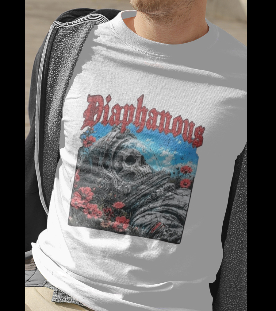 Diaphanous Distressed Skull Astronaut In Flowers With Cosmic T-Shirt