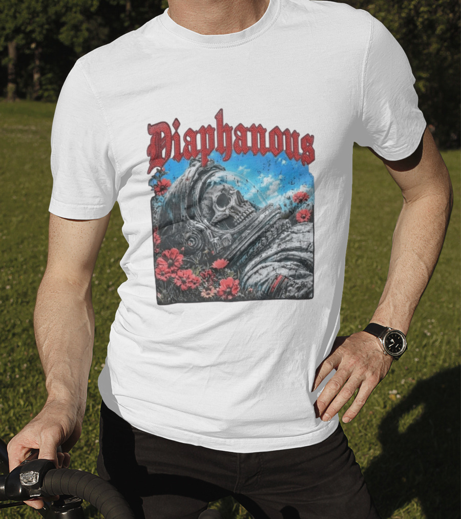 Diaphanous Distressed Skull Astronaut In Flowers With Cosmic T-Shirt