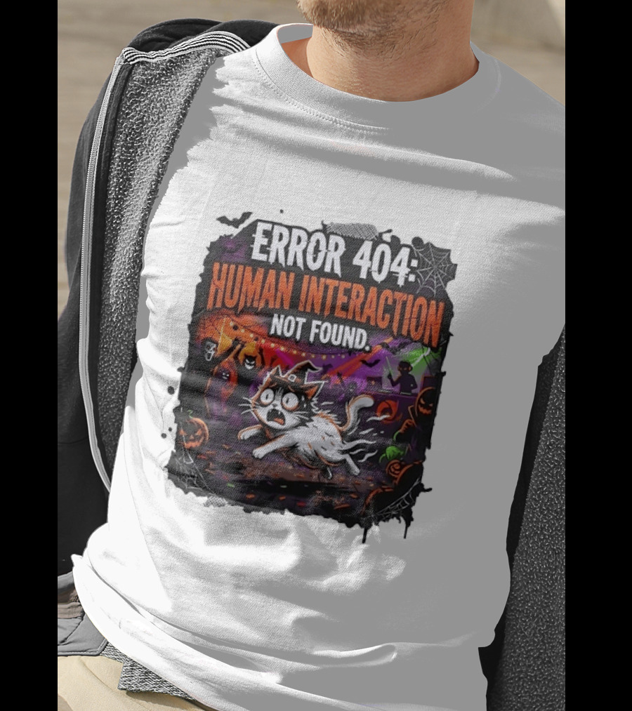 Error 404 Human Interaction Not Found Halloween Cat Spooky Party Scene T-Shirt