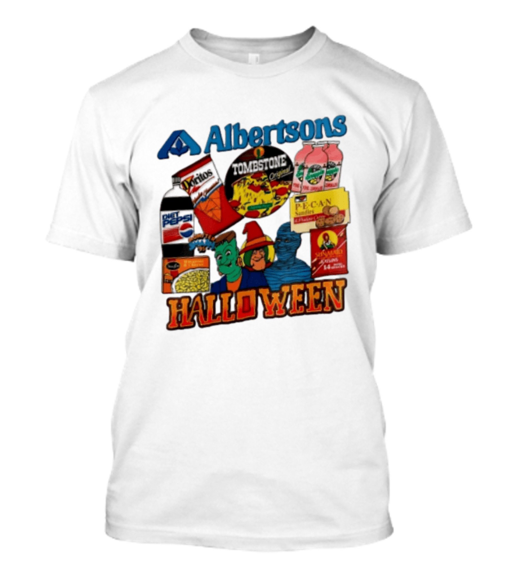 Albertsons Halloween Frankenstein Witch Mummy Featuring Diet Pepsi Doritos Tombstone Pizza T-Shirt