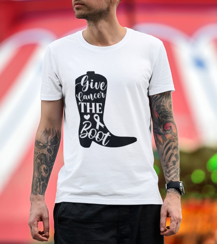 Give Cancer The Boot Awareness Ribbon Western Cowboy Boot T-Shirt