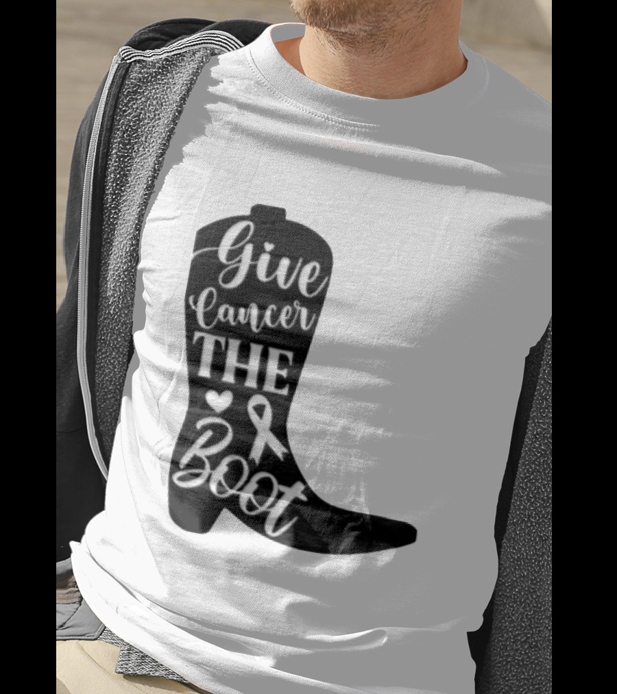 Give Cancer The Boot Awareness Ribbon Western Cowboy Boot T-Shirt