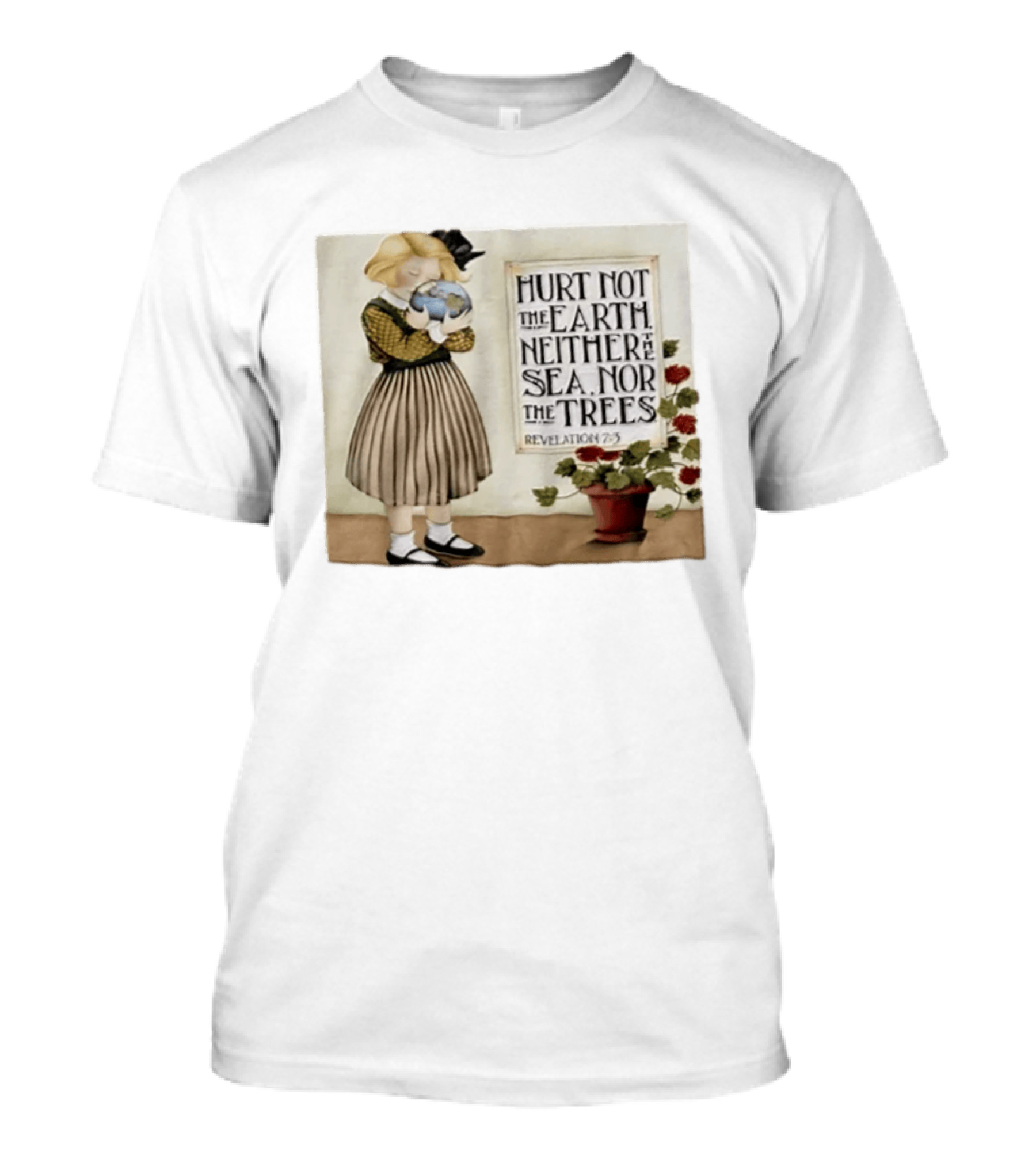 Hurt Not The Earth Revelation 7:3 Vintage Girl Holding Globe Environmental Protection T-Shirt