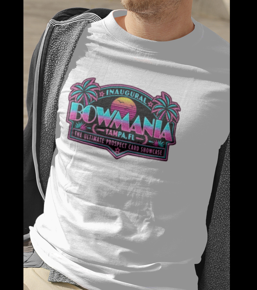 Inaugural Bowmania Tampa FL The Ultimate Prospect Card Showcase Retro Sunset Palm Trees T-Shirt
