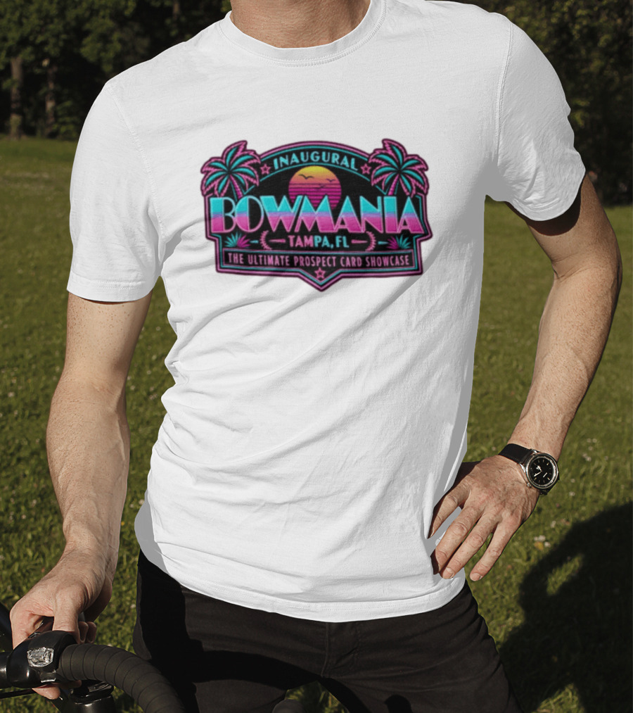 Inaugural Bowmania Tampa FL The Ultimate Prospect Card Showcase Retro Sunset Palm Trees T-Shirt