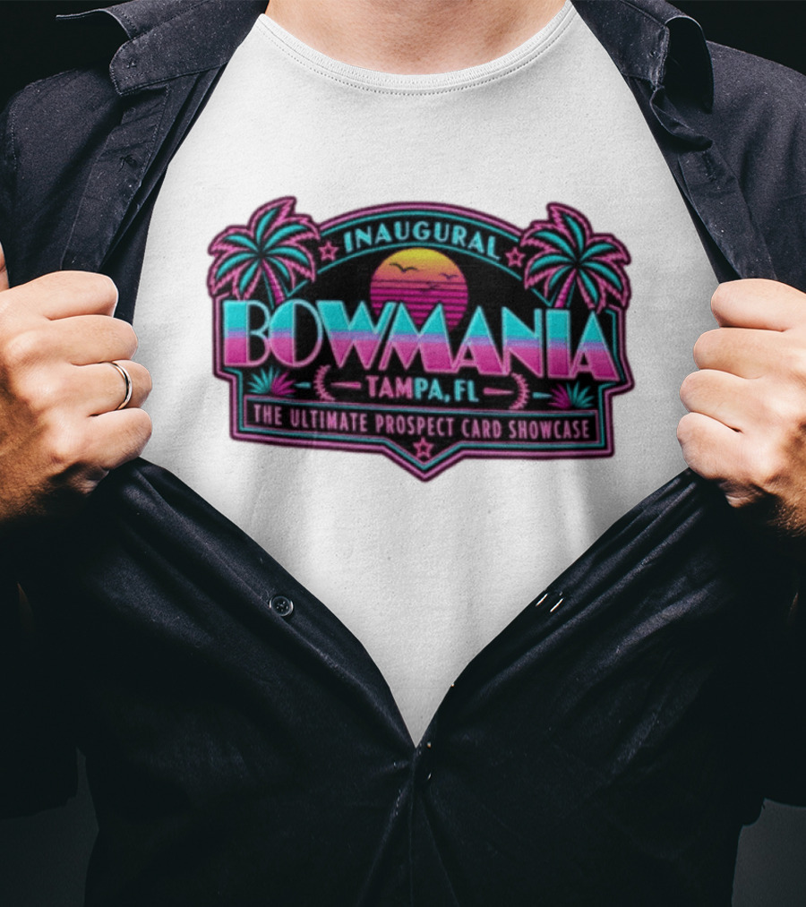 Inaugural Bowmania Tampa FL The Ultimate Prospect Card Showcase Retro Sunset Palm Trees T-Shirt