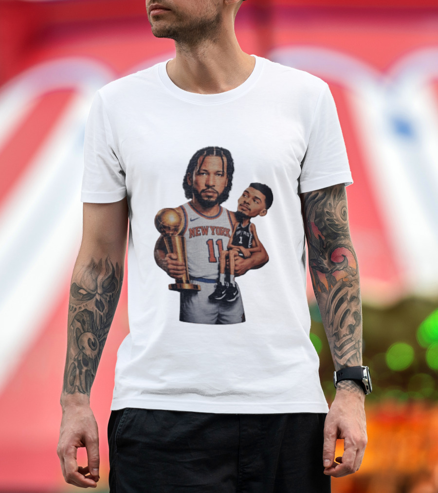 New York Knicks Jalen Brunson Embraces San Antonio Spurs Victor Wembanyama NBA Trophy T-Shirt