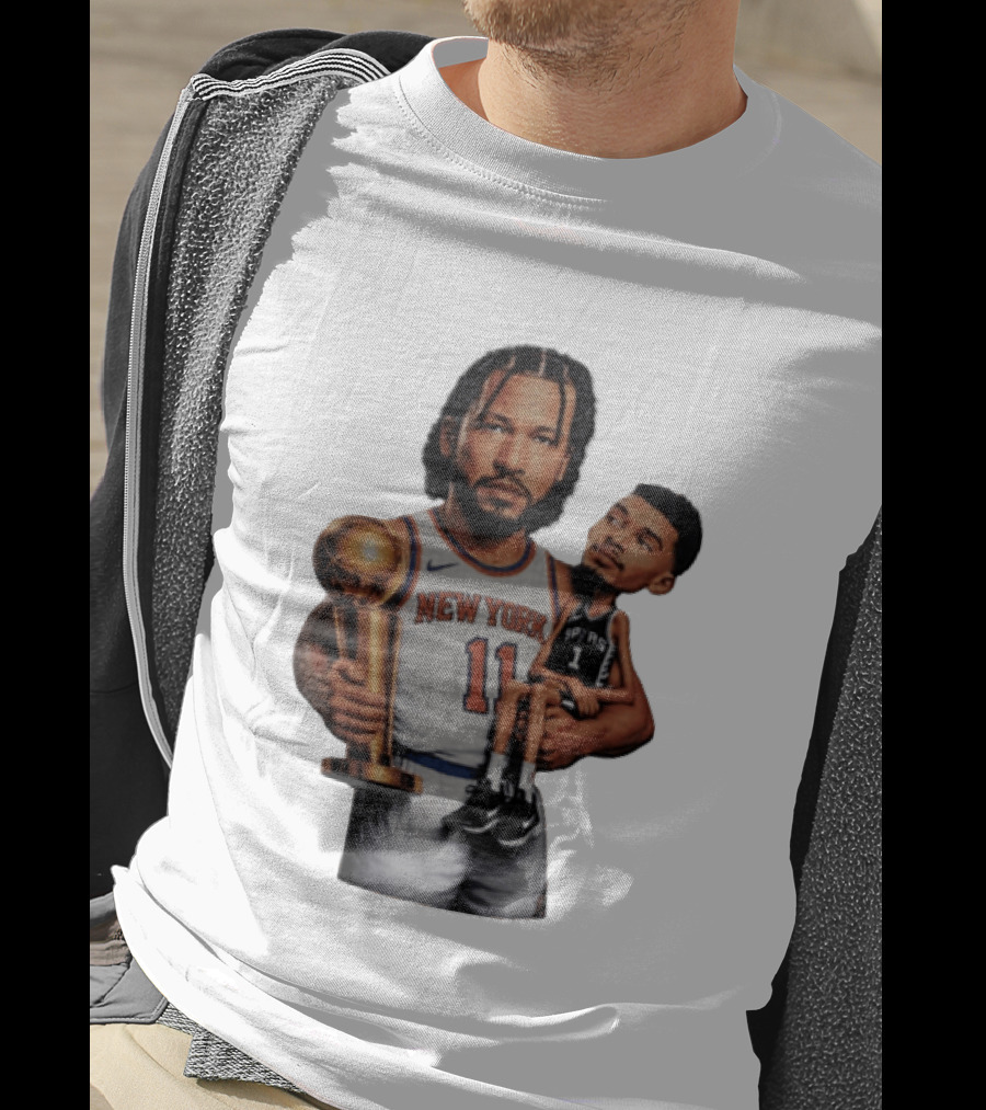 New York Knicks Jalen Brunson Embraces San Antonio Spurs Victor Wembanyama NBA Trophy T-Shirt