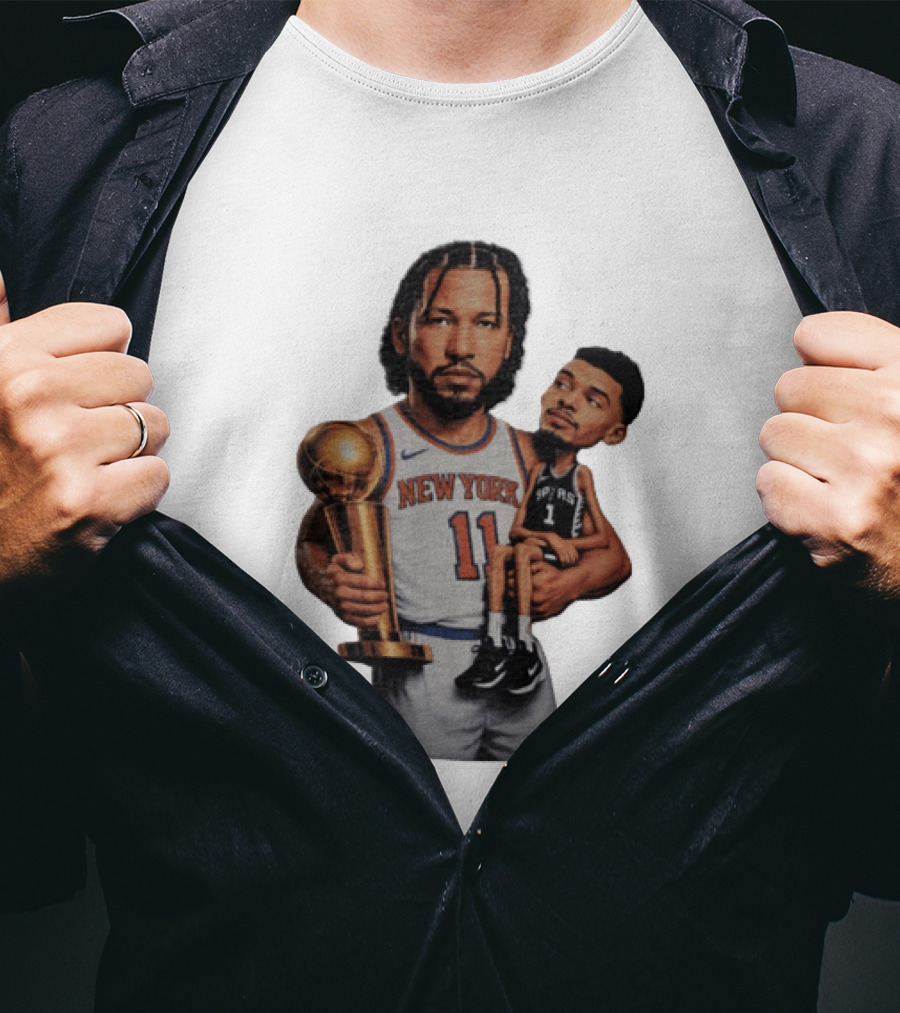 New York Knicks Jalen Brunson Embraces San Antonio Spurs Victor Wembanyama NBA Trophy T-Shirt