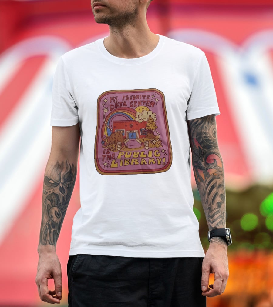 My Favorite Data Center Is The Public Library Rainbow Cartoon Library Scene T-Shirt