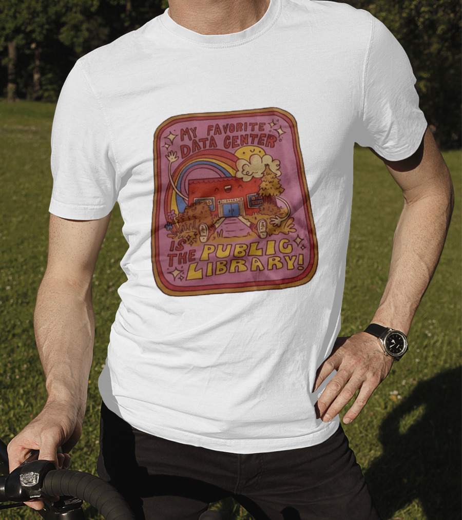 My Favorite Data Center Is The Public Library Rainbow Cartoon Library Scene T-Shirt