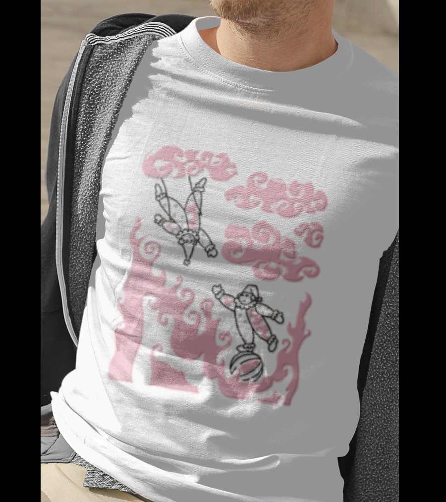 Pink Pastel Cartoon Circus Clowns Trapeze Ball Clouds Flames T-Shirt