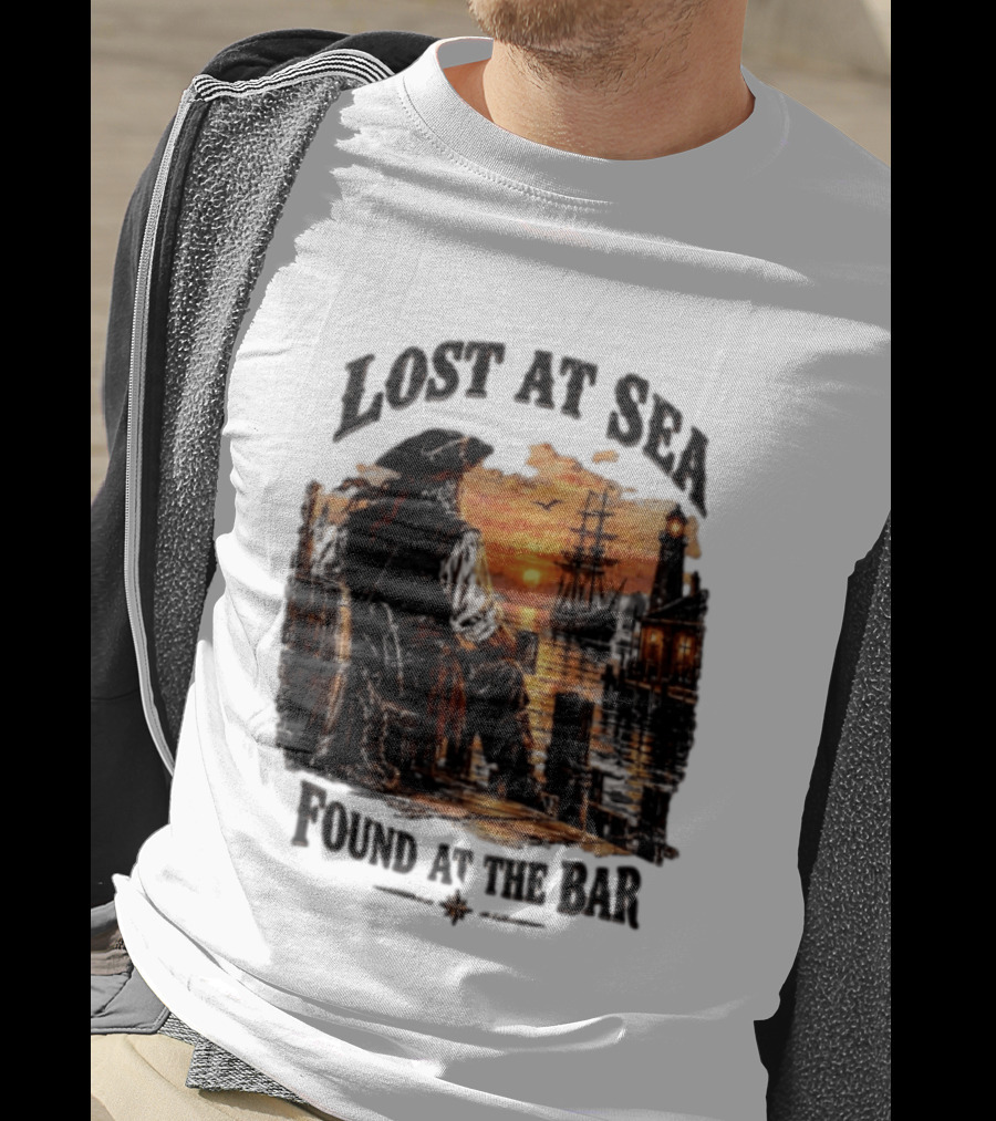 Lost At Sea Found At The Bar Pirate Sunset Tavern Lighthouse Nautical Adventure T-Shirt