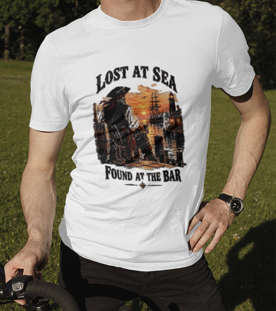 Lost At Sea Found At The Bar Pirate Sunset Tavern Lighthouse Nautical Adventure T-Shirt