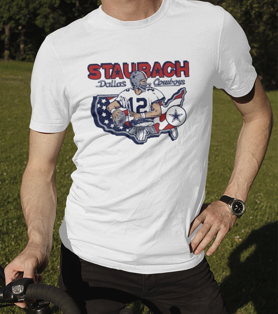 Staubach Dallas Cowboys 12 USA Map Star Helmet Football T-Shirt