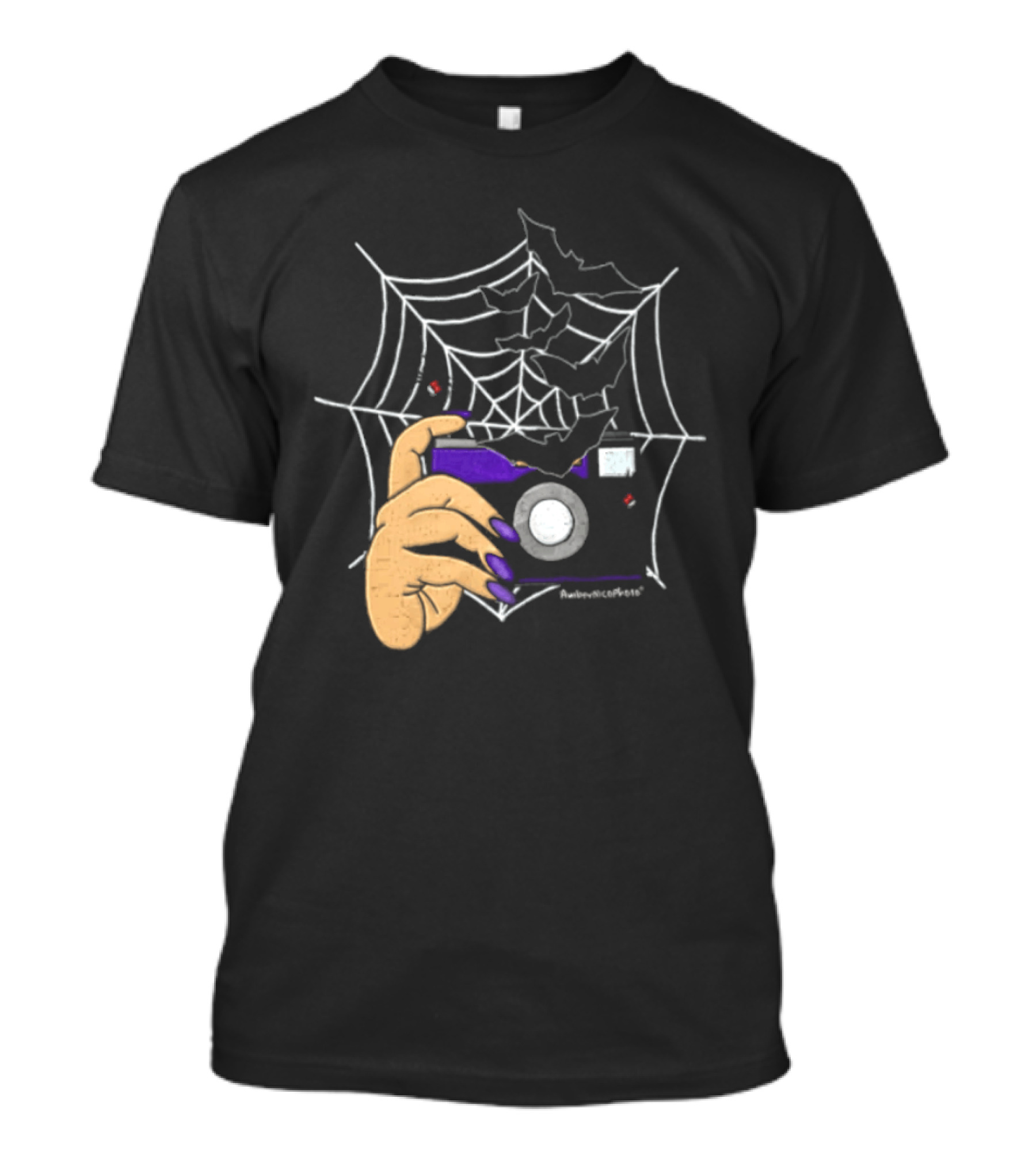 AmberNicoPhoto Camera With Bats And Spider Web Halloween T-Shirt