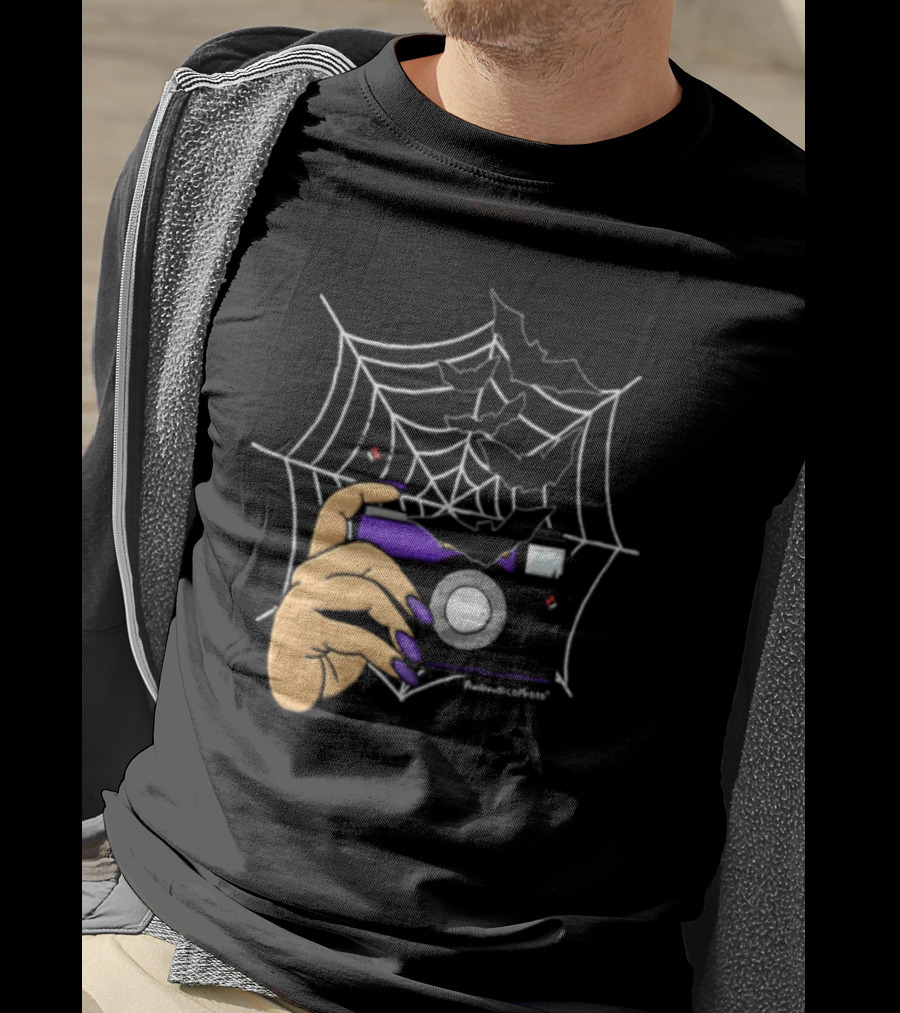 AmberNicoPhoto Camera With Bats And Spider Web Halloween T-Shirt