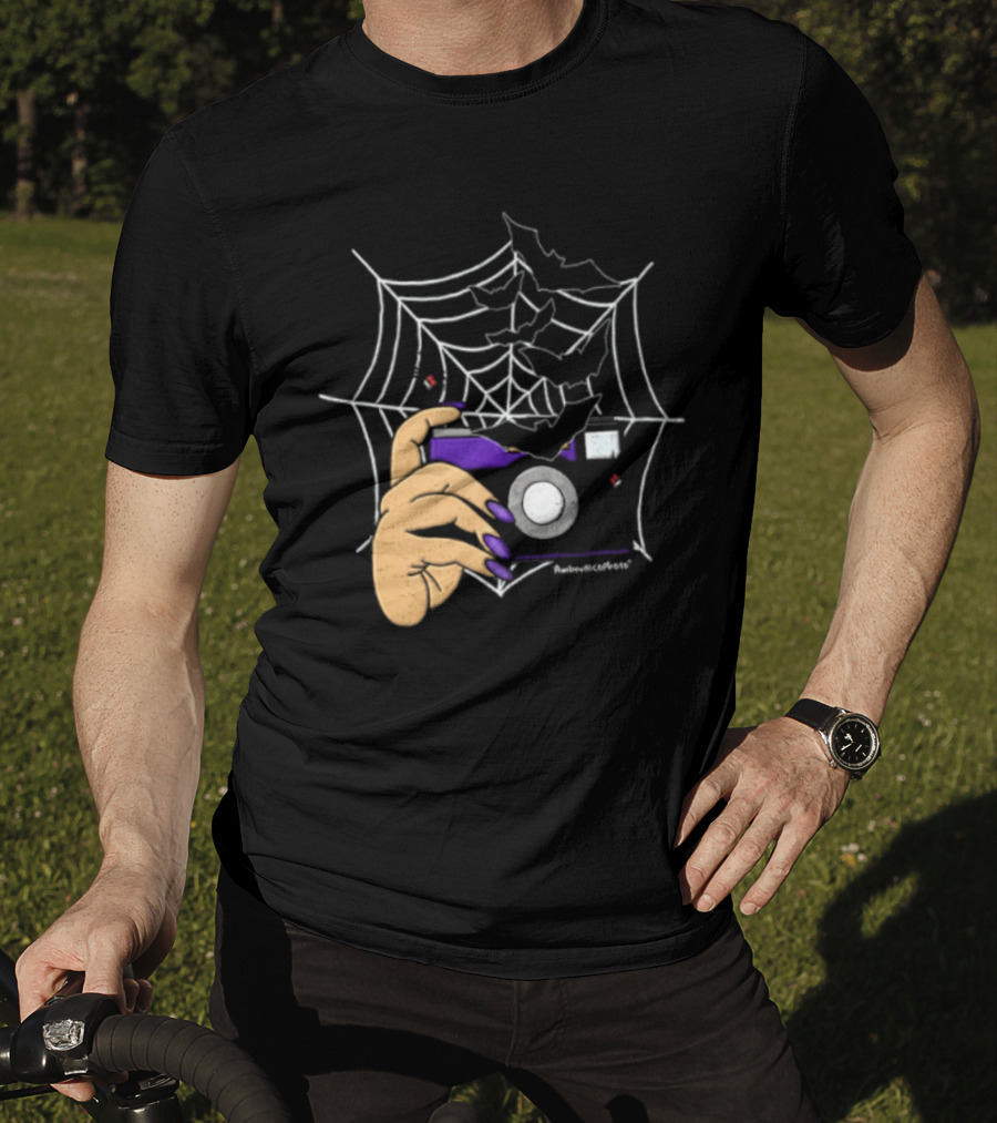 AmberNicoPhoto Camera With Bats And Spider Web Halloween T-Shirt