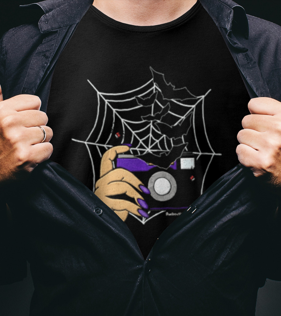 AmberNicoPhoto Camera With Bats And Spider Web Halloween T-Shirt