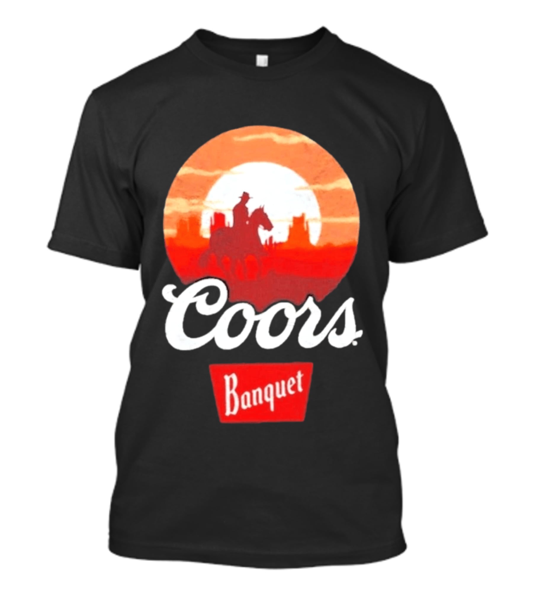 Coors Banquet Cowboy Horseback Riding At Sunset Western Scene T-Shirt