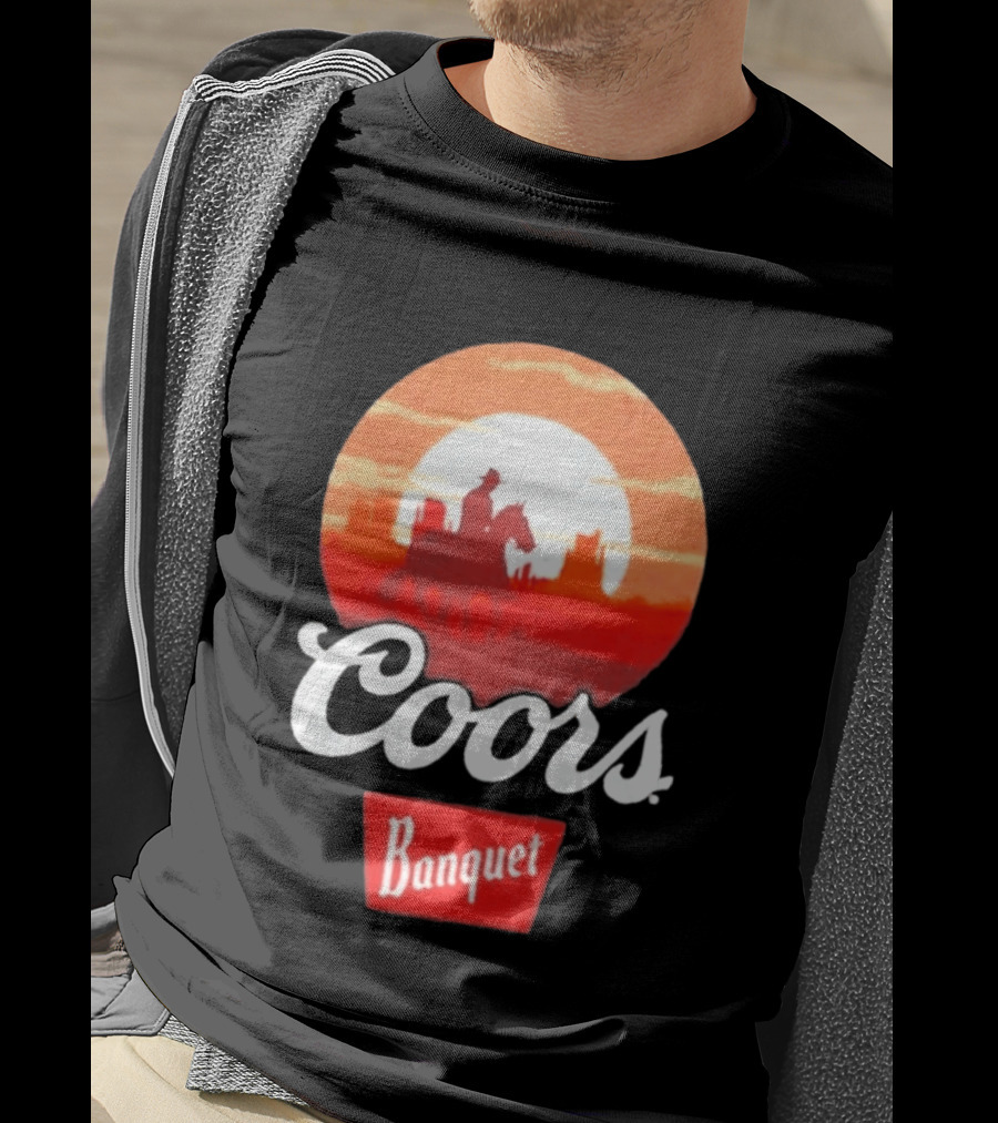 Coors Banquet Cowboy Horseback Riding At Sunset Western Scene T-Shirt