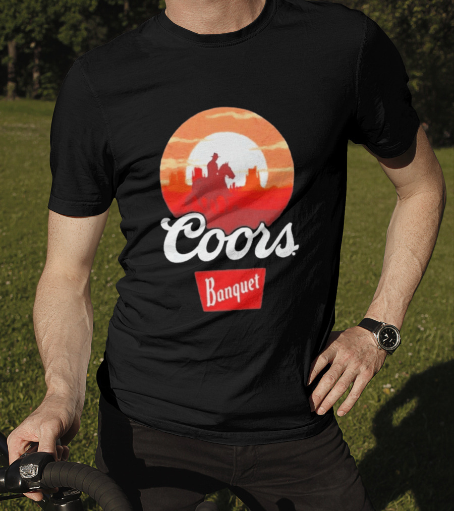 Coors Banquet Cowboy Horseback Riding At Sunset Western Scene T-Shirt
