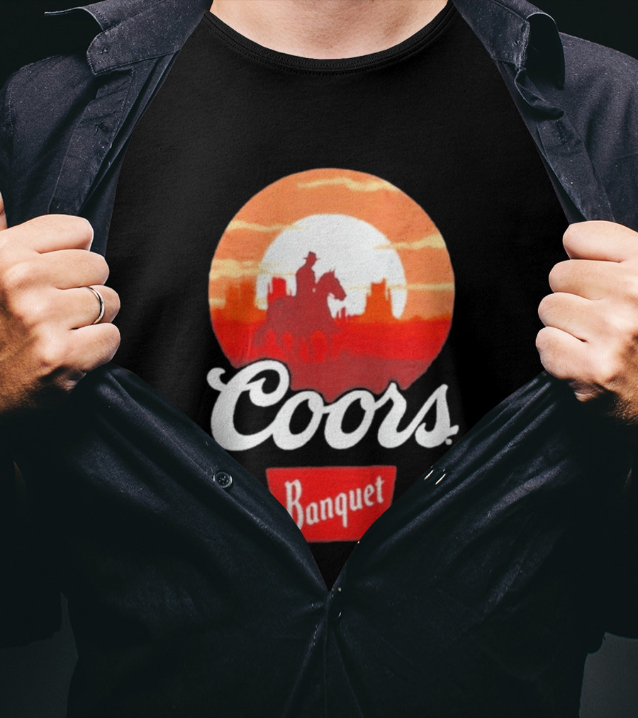 Coors Banquet Cowboy Horseback Riding At Sunset Western Scene T-Shirt