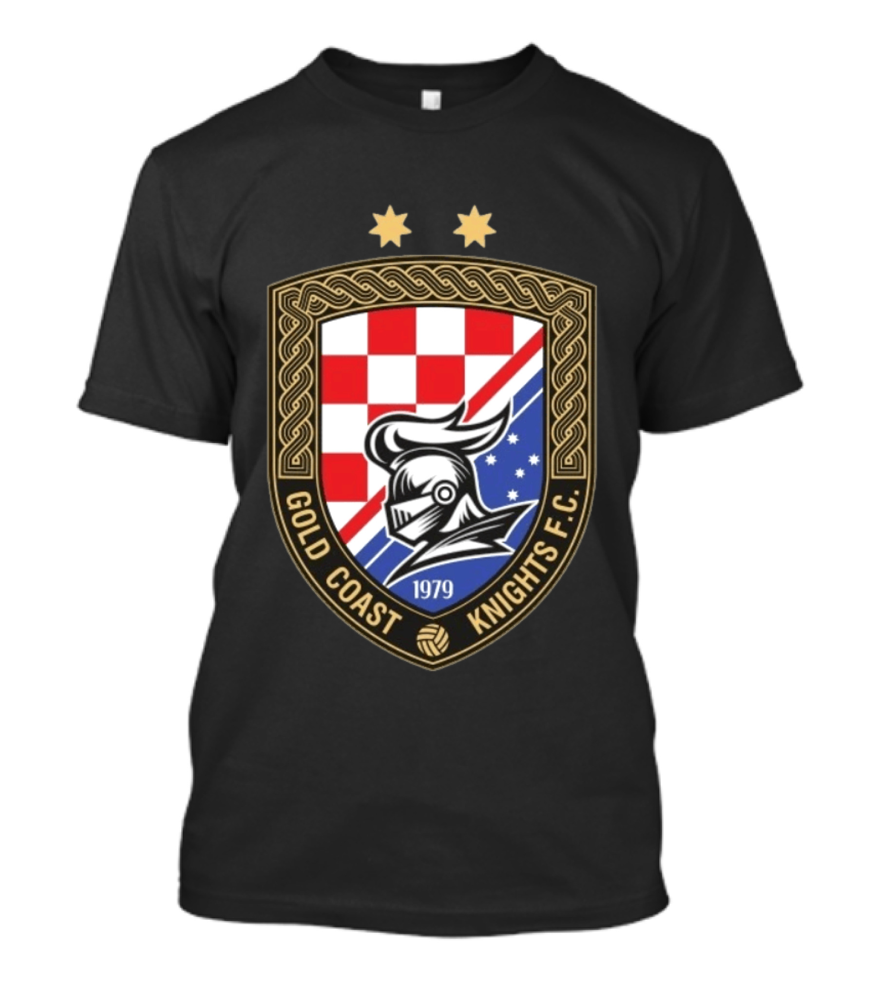 Gold Coast Knights F.C. 1979 Crest With Chessboard Pattern And Knight Helmet T-Shirt