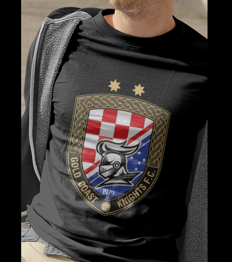 Gold Coast Knights F.C. 1979 Crest With Chessboard Pattern And Knight Helmet T-Shirt