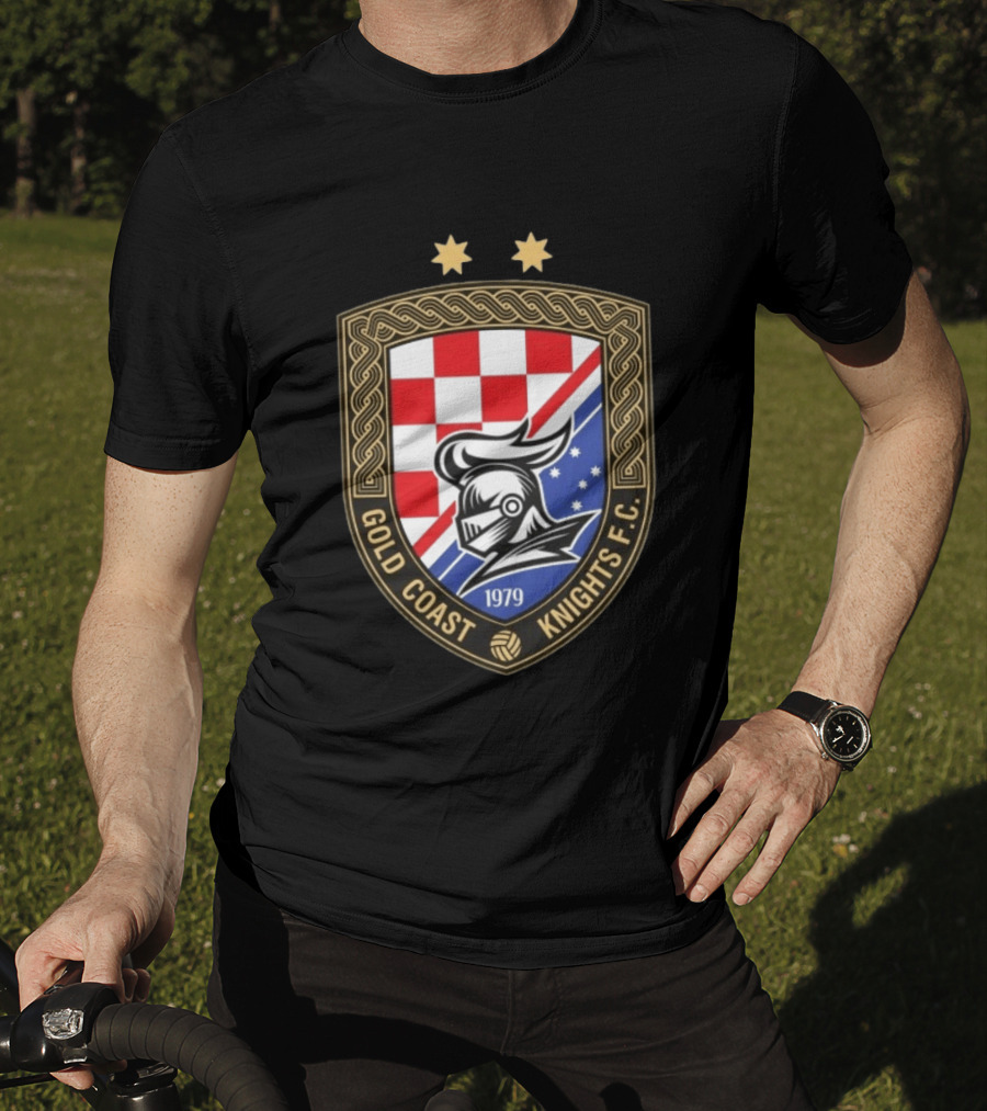 Gold Coast Knights F.C. 1979 Crest With Chessboard Pattern And Knight Helmet T-Shirt