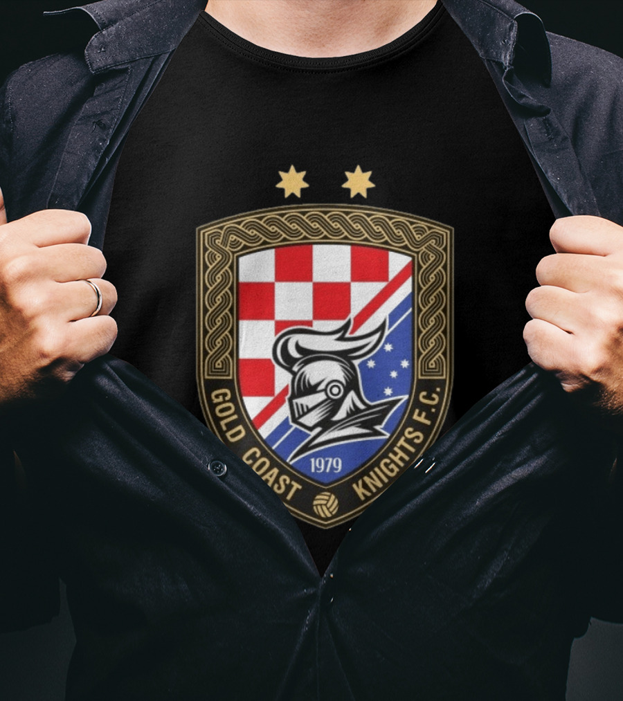 Gold Coast Knights F.C. 1979 Crest With Chessboard Pattern And Knight Helmet T-Shirt