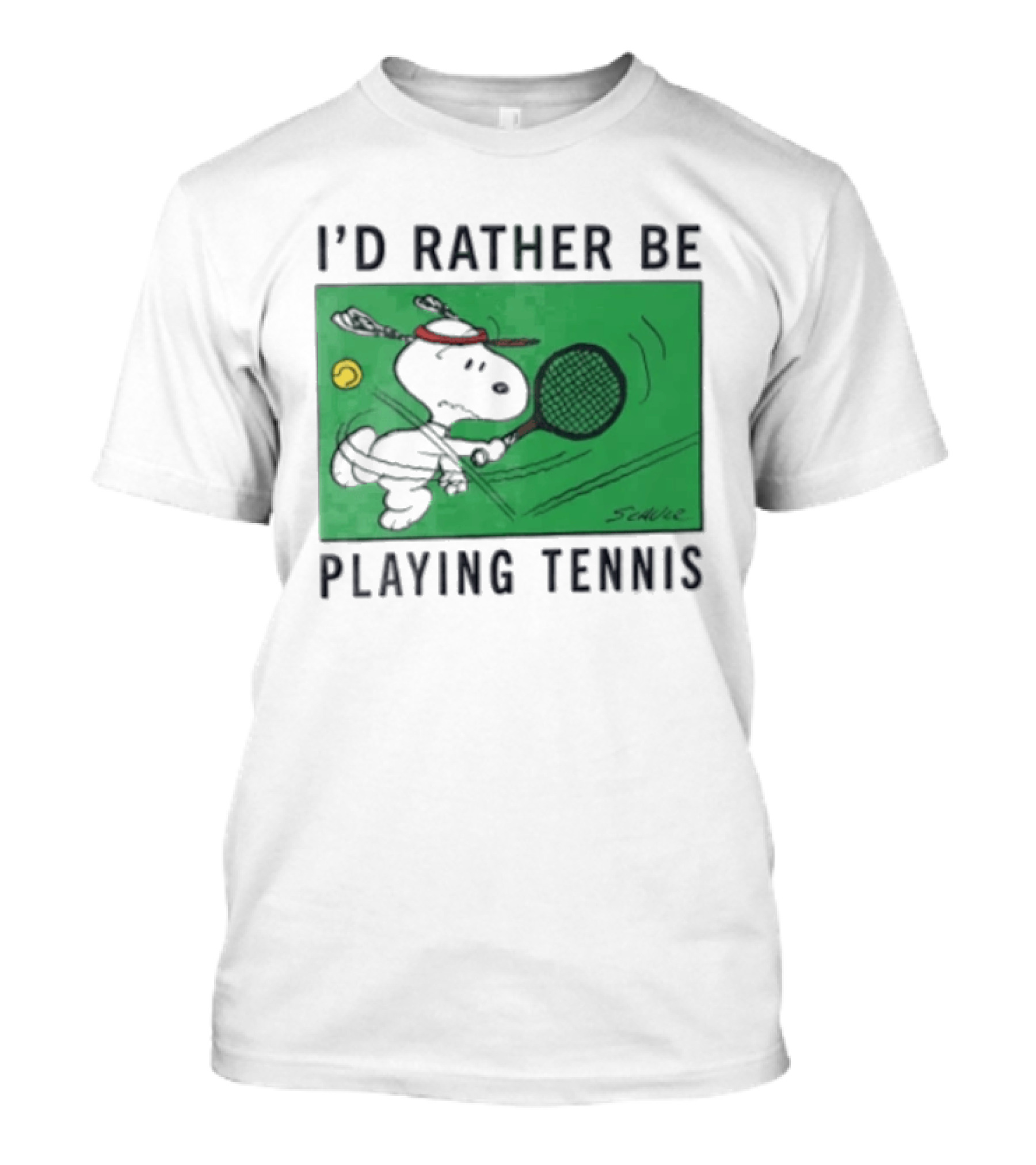 I'd Rather Be Playing Tennis Peanuts Snoopy Racquet Cartoon Green Court Schulz T-Shirt