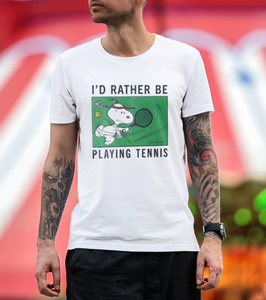I'd Rather Be Playing Tennis Peanuts Snoopy Racquet Cartoon Green Court Schulz T-Shirt