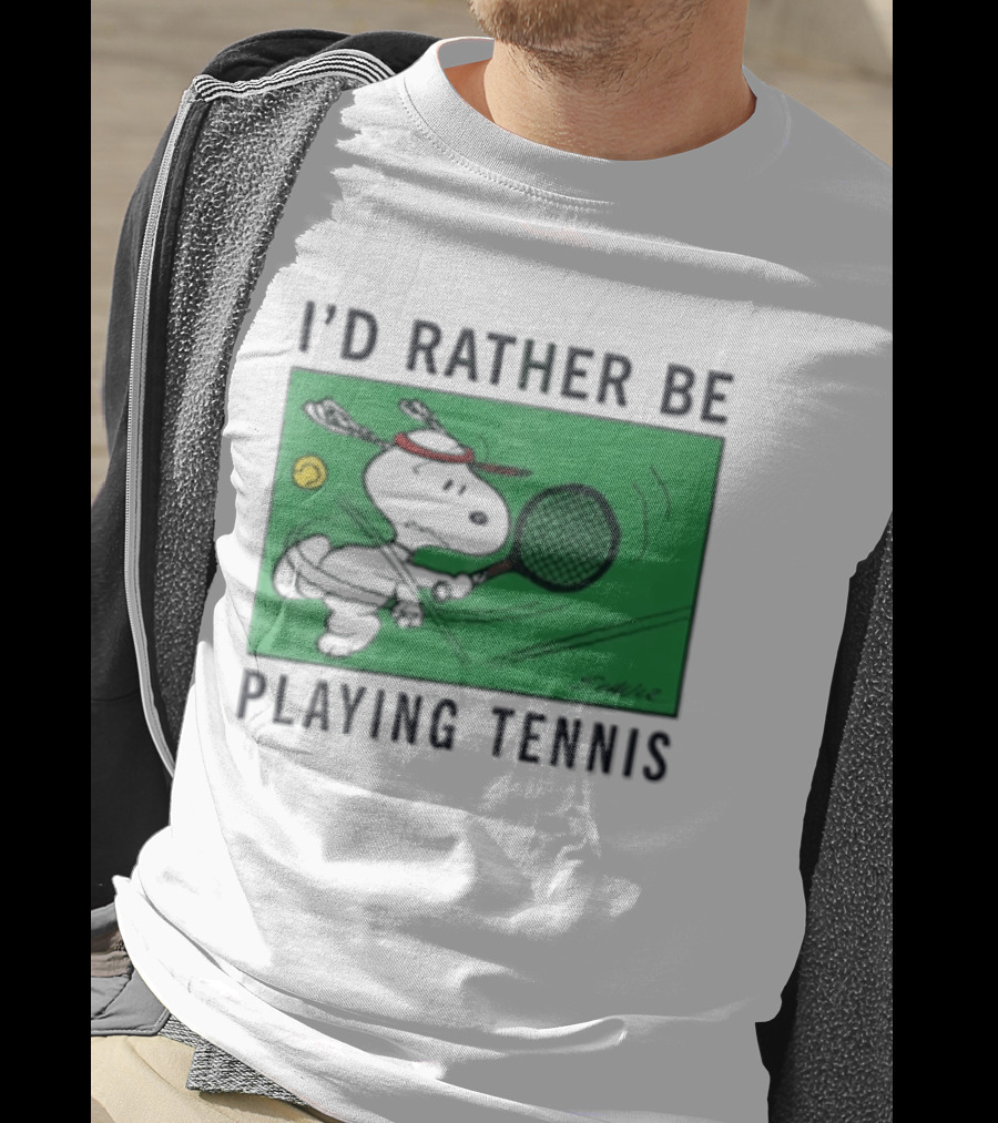 I'd Rather Be Playing Tennis Peanuts Snoopy Racquet Cartoon Green Court Schulz T-Shirt