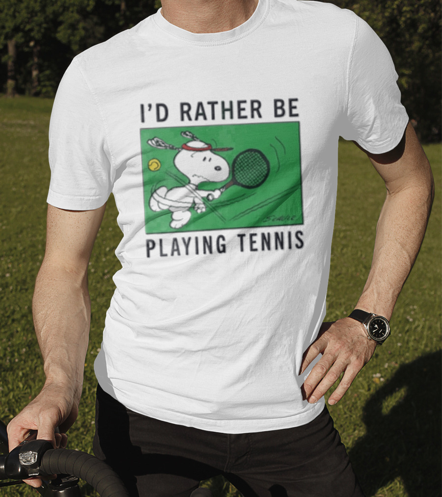 I'd Rather Be Playing Tennis Peanuts Snoopy Racquet Cartoon Green Court Schulz T-Shirt