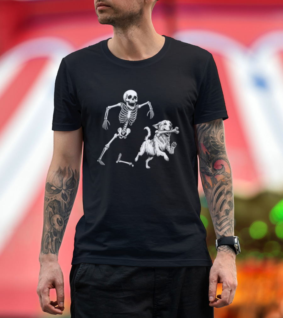 Skeleton Chasing Golden Retriever With Leg Bone T-Shirt